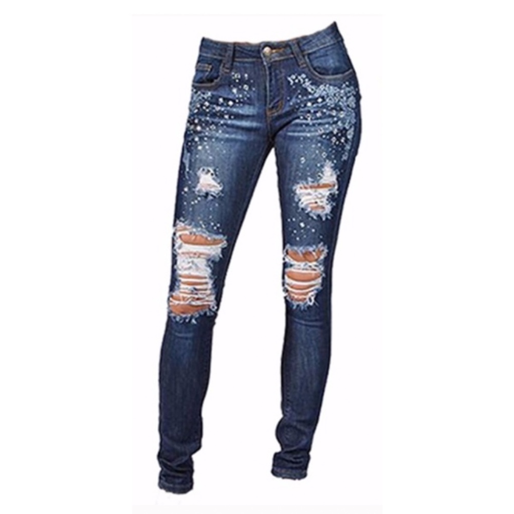 Distressed Destroyed Embroidered Bling Jeans